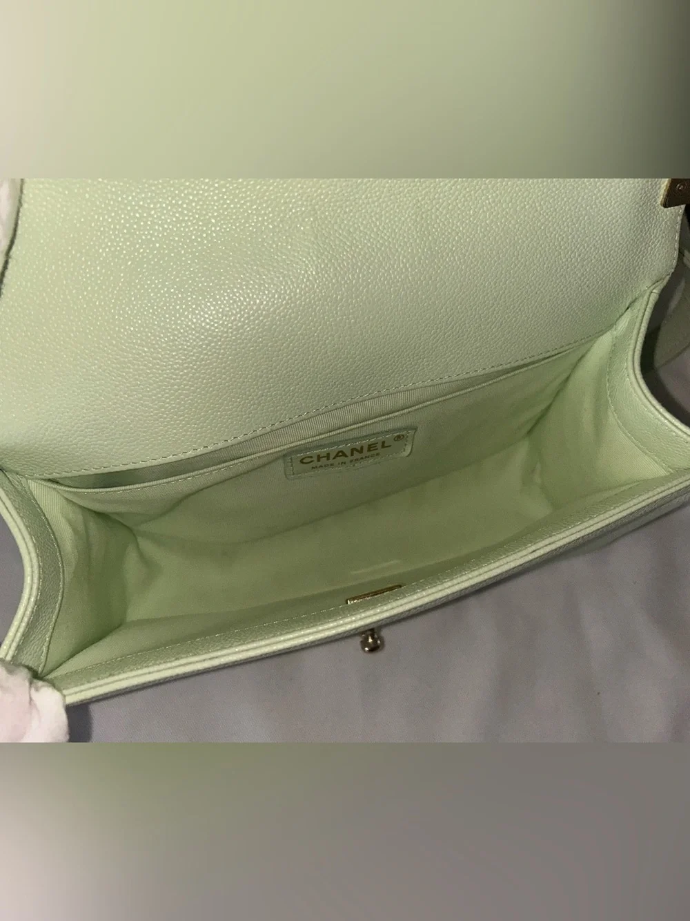 🩷TRADE🩷CHANEL Medium Boy Flap Bag Quilted Caviar Leather Light Green - Picture 14 of 16